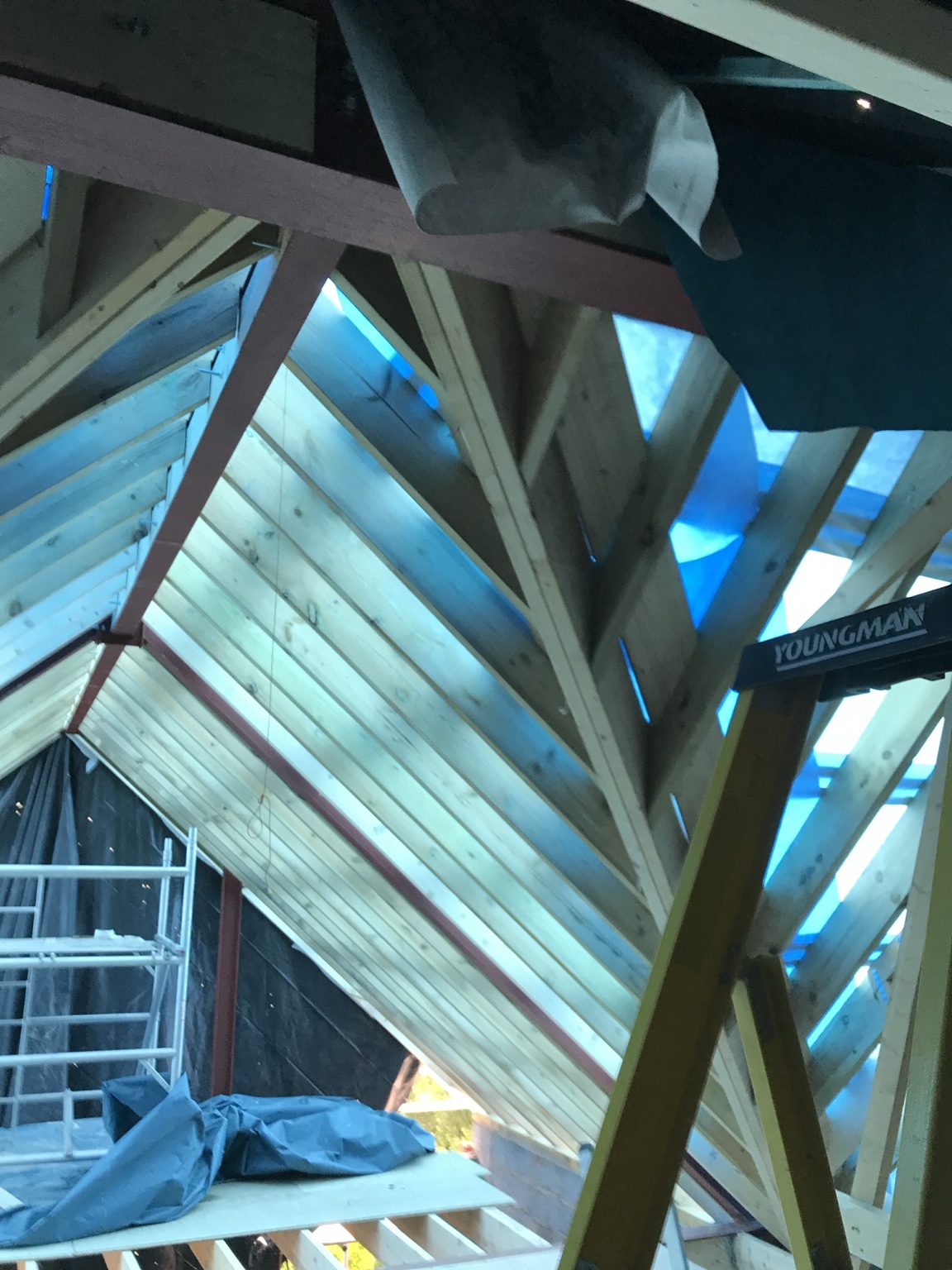 Timber rafters and structural roof framing inside the conversion