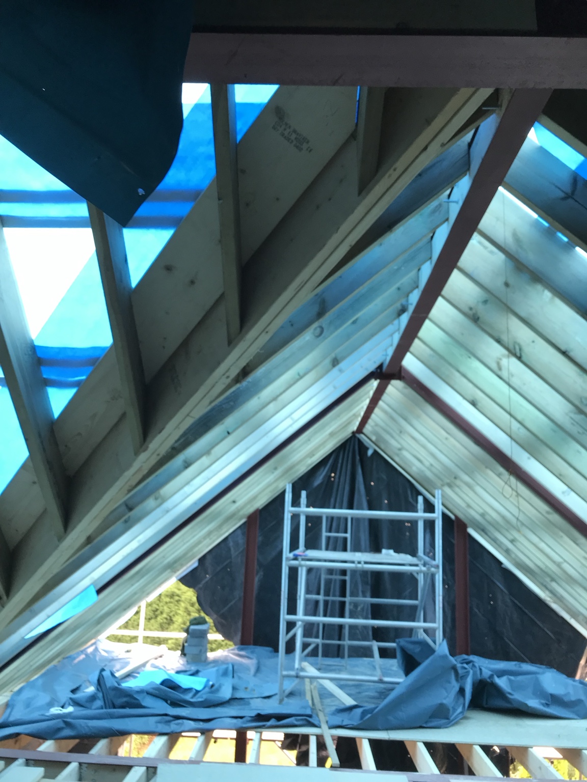 Roof framing and scaffold during the Feversham Close conversion